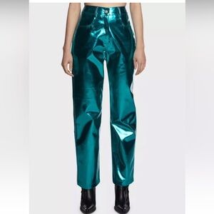 Shimmering Teal Straight Leg Pants large metallic